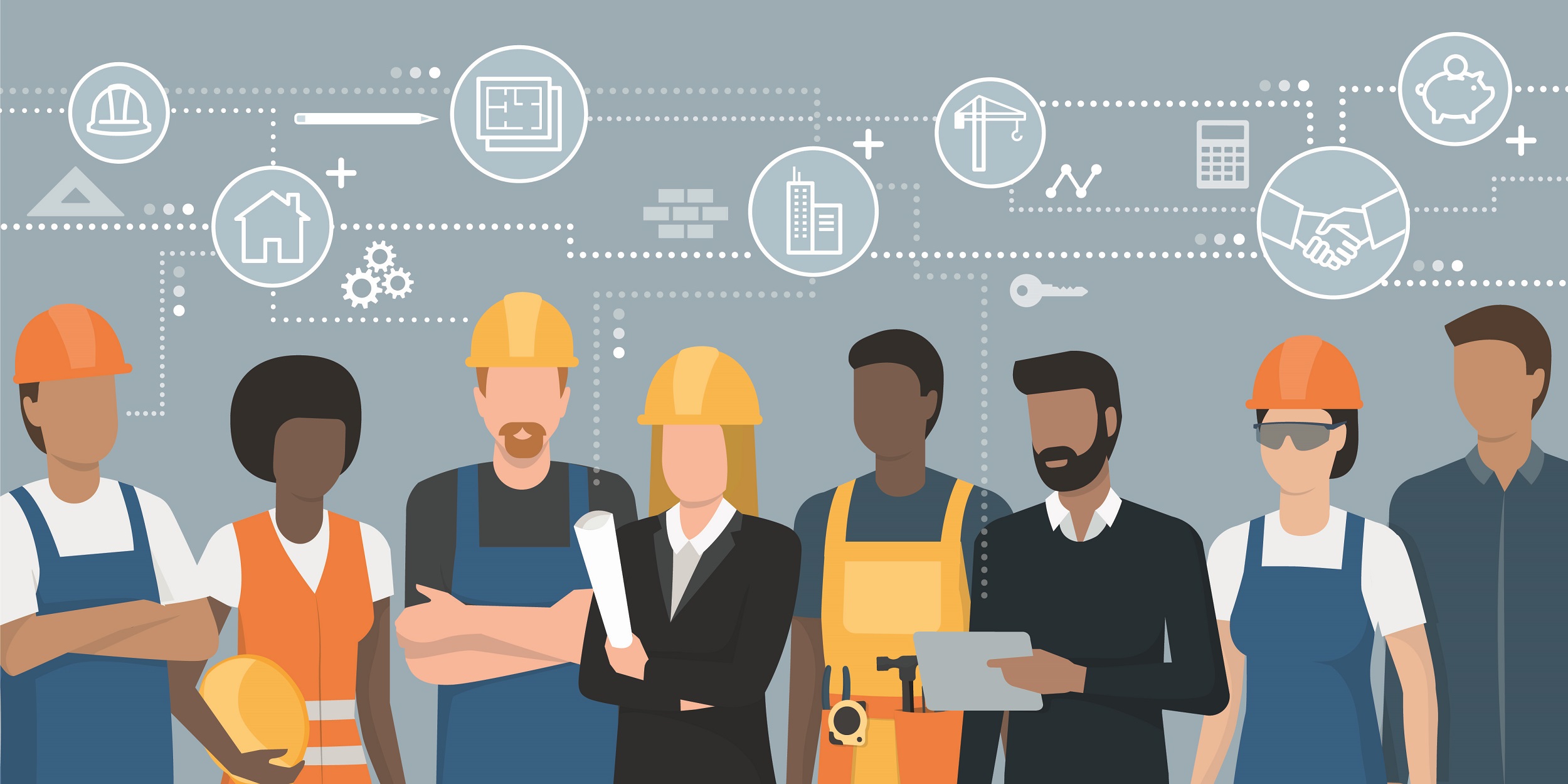 Construction workers and engineers team Construction workers and engineers team working together and network of concepts: architecture and real estate